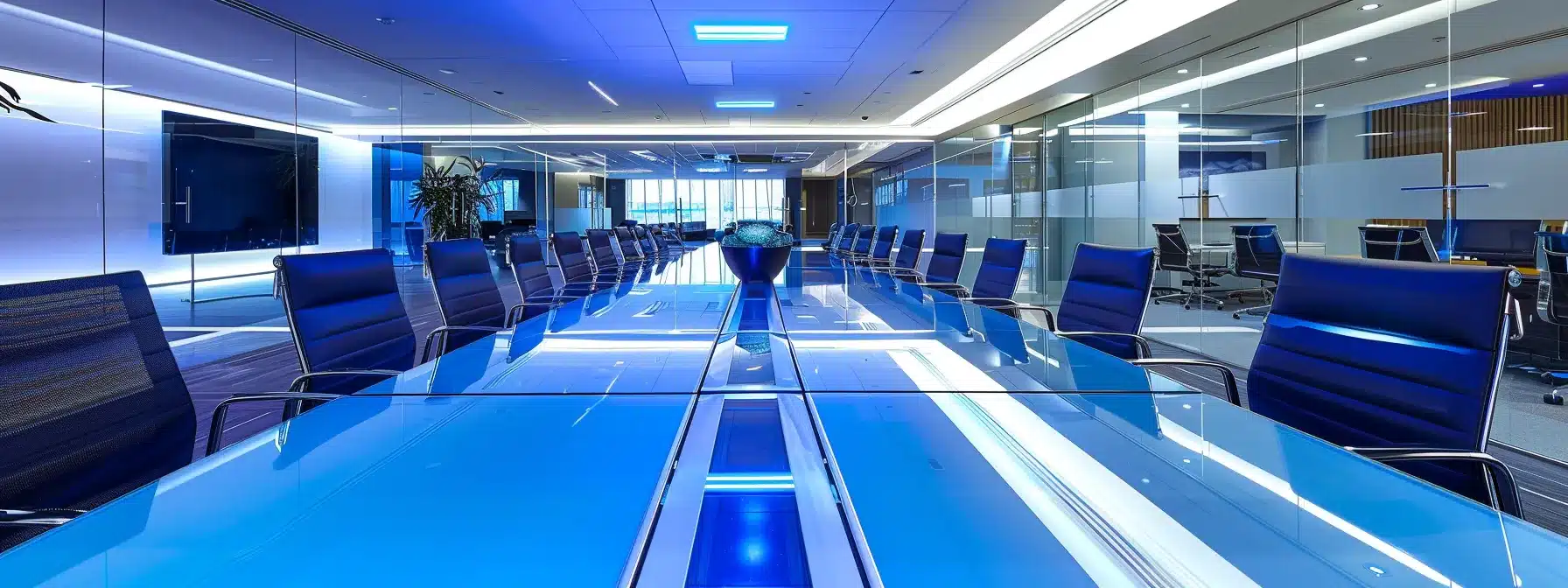 a sleek, modern office workspace features a large glass conference table surrounded by high-backed ergonomic chairs, illuminated by innovative led lighting that casts vibrant hues across the polished surfaces, embodying a dynamic and collaborative atmosphere.