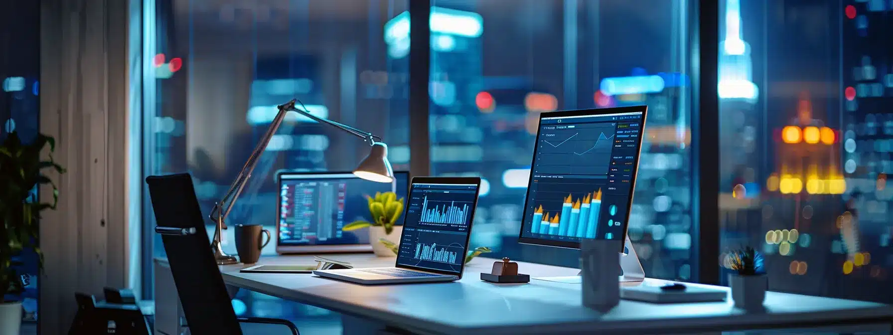 a sleek, modern office workspace with a minimalist design, featuring a predominantly glass interface laptop, vibrant digital graphs displayed on screens, and subtle ambient lighting casting a professional glow.