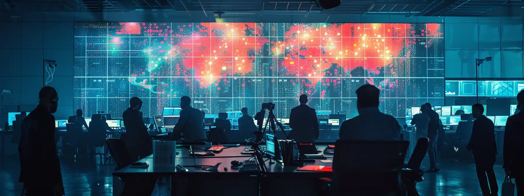 a sleek, modern office workspace bustling with focused professionals, illuminated by dynamic overhead lighting, showcases a large digital screen displaying innovative data analytics in vibrant colors.