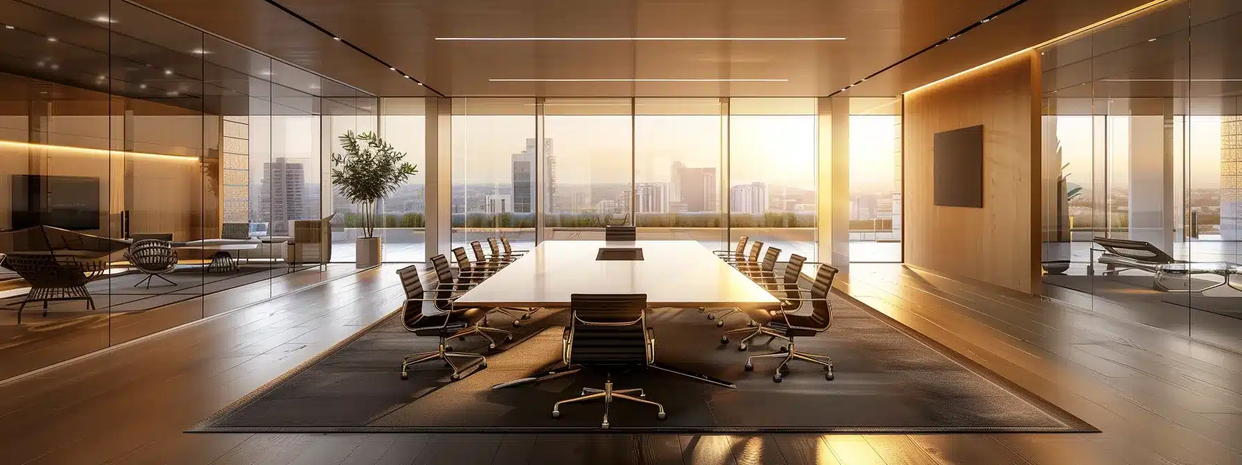 a sleek, modern office workspace with large glass windows and an intricately designed conference table, illuminated by warm, ambient lighting, reflects a dynamic atmosphere of collaboration and innovation.