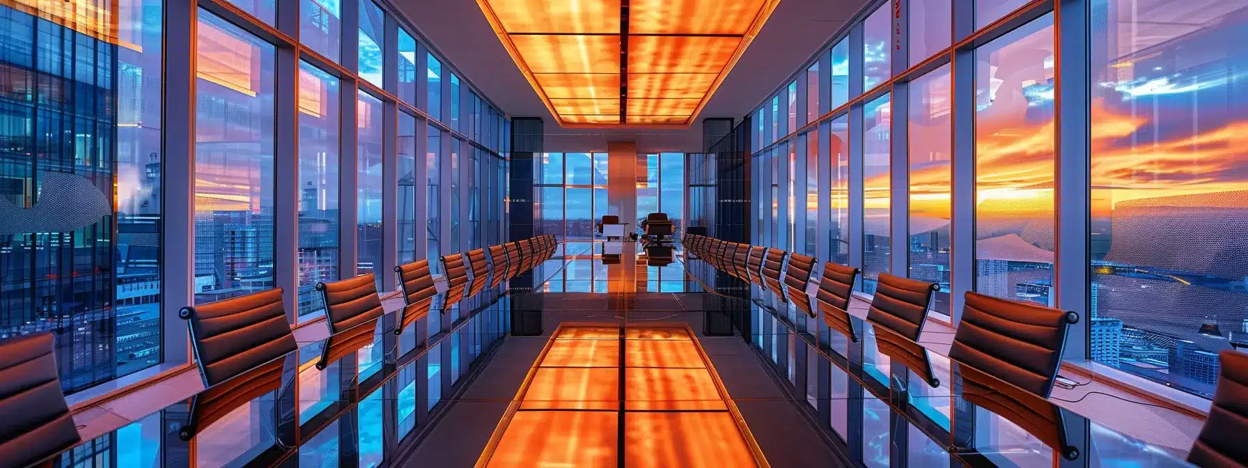 a vibrant, modern office setting showcases a sleek conference room with a large glass table, surrounded by ergonomic chairs, illuminated by warm overhead lighting, emphasizing a collaborative atmosphere of innovation and teamwork.