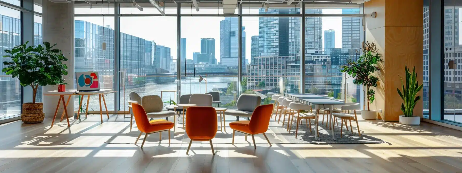 a vibrant, modern office space with sleek furniture and large windows showcasing a bustling city skyline creates a professional atmosphere, perfect for dynamic team collaboration and innovation.