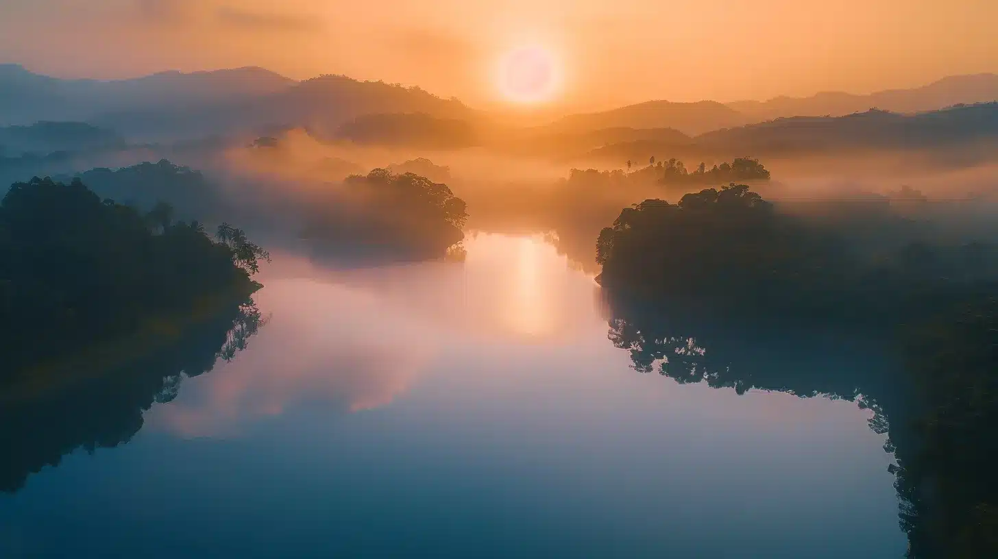 a vibrant sunrise illuminates a tranquil lake surrounded by lush, mist-covered hills, creating a serene and breathtaking reflection on the water's surface.