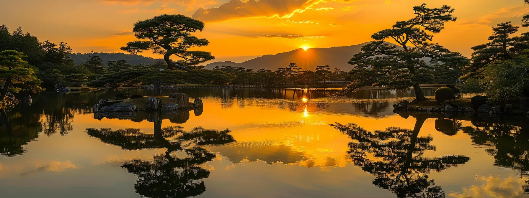 a vibrant sunset casts a warm golden glow over a tranquil lake, reflecting the silhouette of towering pine trees on the water’s surface.