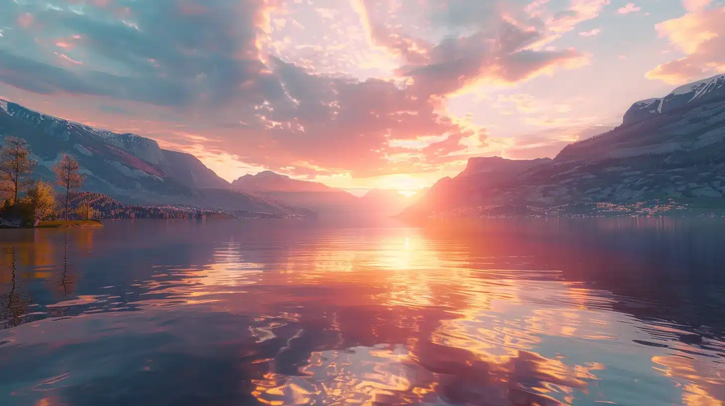 a vibrant sunset casts a warm glow over a serene lake, with majestic mountains reflecting perfectly in the still water, creating a breathtaking tableau of nature's beauty.