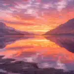 a vibrant sunset casts a warm golden glow over a serene lake, reflecting the brilliant hues of orange, pink, and purple skies, creating a peaceful and enchanting atmosphere.