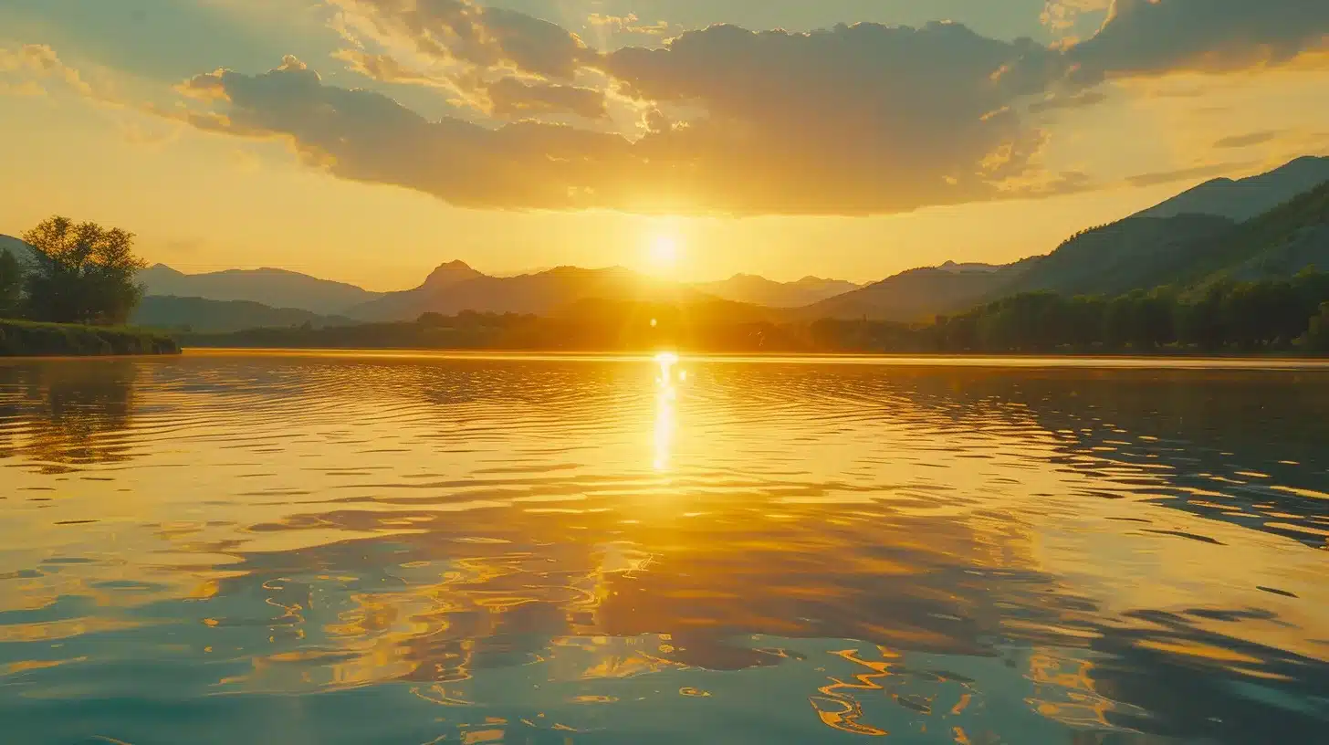 a vibrant sunset casts a warm golden light over a serene lake, where majestic mountains reflect perfectly on the water’s glassy surface, creating a breathtaking and tranquil landscape.
