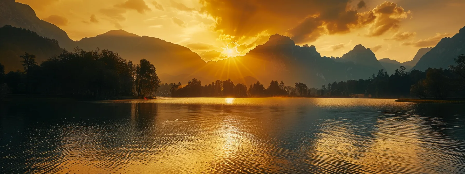 a vibrant sunset casts golden hues over a serene lake, where the tranquil waters reflect the silhouette of majestic mountains in the background, creating a breathtaking and peaceful landscape.