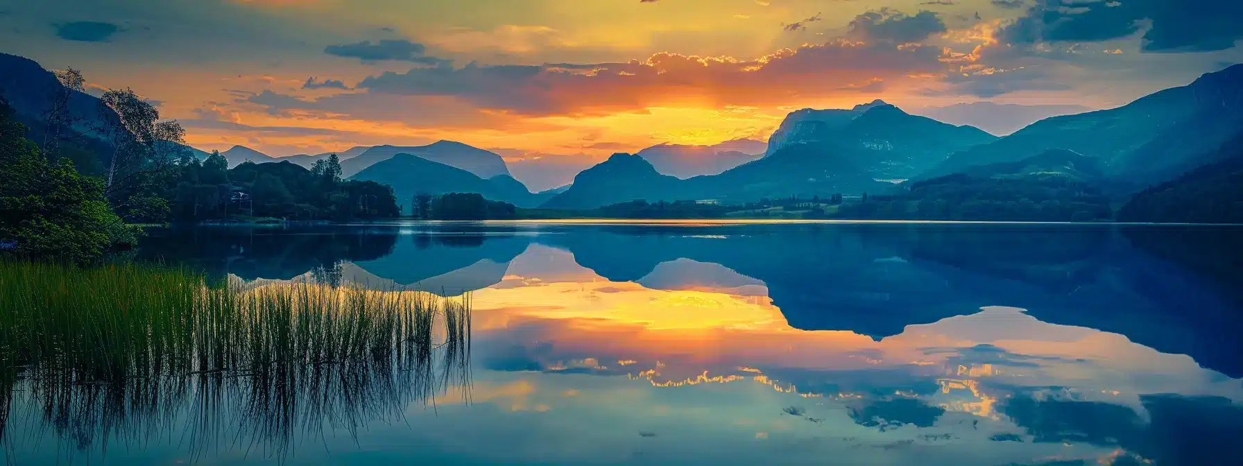 a vibrant sunset casts golden hues over a tranquil lake, where majestic mountains reflect on the water's surface, creating a serene and breathtaking landscape.
