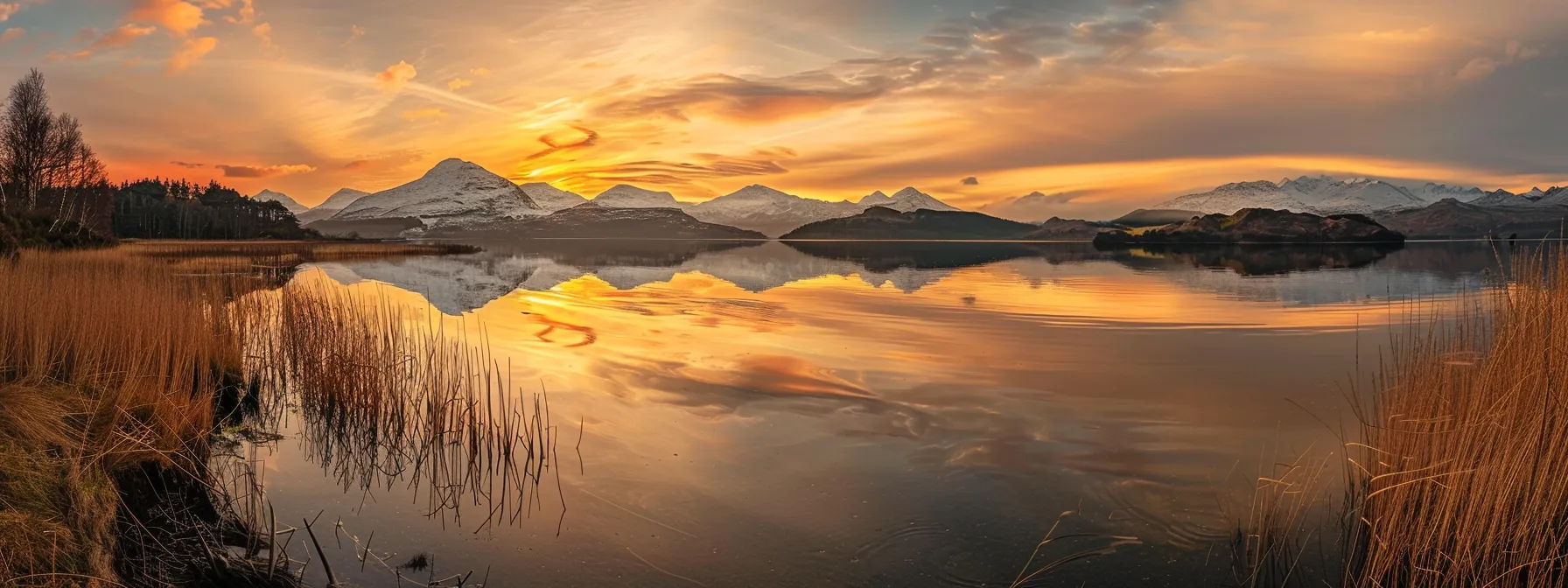 a vibrant sunset casts golden hues over a tranquil mountain lake, reflecting the surrounding peaks and creating a serene atmosphere of natural beauty.