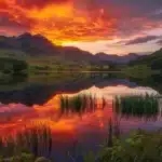a vibrant sunset casts a warm golden light over a tranquil lake, reflecting the fiery colors of the sky and surrounded by lush, green foliage, creating a serene and picturesque landscape.