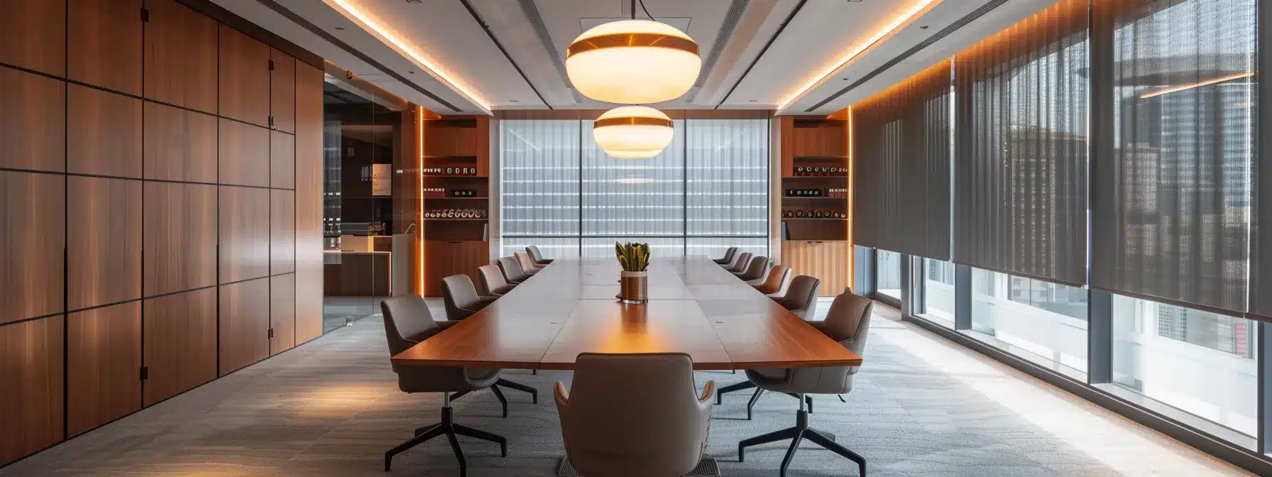 a sleek, modern office space featuring a large, elegantly designed conference table surrounded by high-backed chairs, illuminated by dramatic pendant lighting that casts a warm glow over a vibrant brainstorming session among engaged professionals.