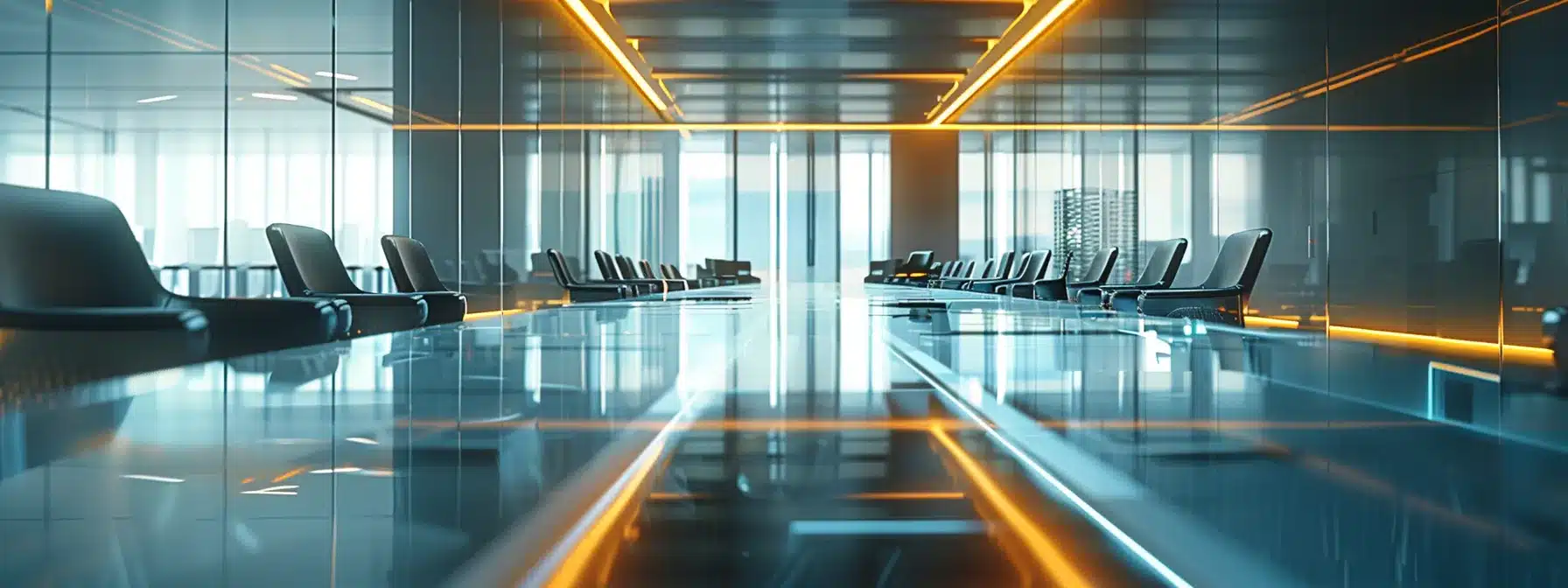 a sleek, modern office space bathed in warm artificial light, featuring an expansive glass conference table surrounded by contemporary high-backed chairs, emphasizes collaboration and innovation in a vibrant work environment.