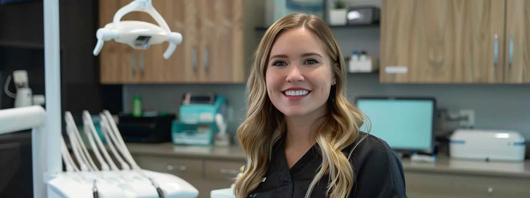 a bright, modern dental clinic interior showcases a confident patient smiling in a sleek dental chair, surrounded by advanced dental equipment and warm, welcoming decor, emphasizing personalized care and an uplifting approach to oral health.