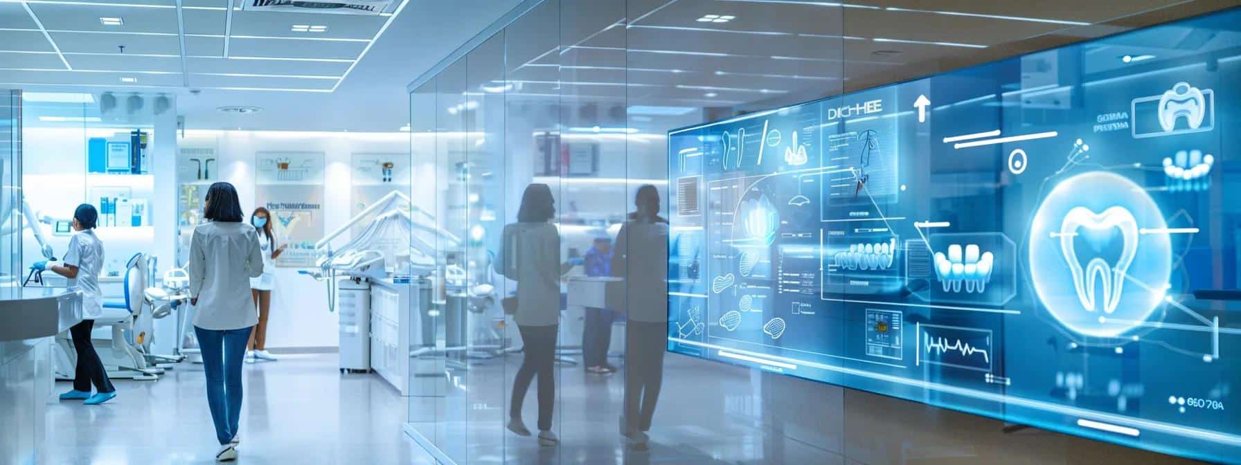 a bright, modern dental clinic interior showcases three distinct dental prosthetics—implants, bridges, and dentures—strategically displayed on sleek countertops, each accompanied by visual indicators of patient satisfaction levels represented through vibrant infographics, highlighting differences in comfort and functionality for a diverse group of mid-aged patients awaiting consultation.