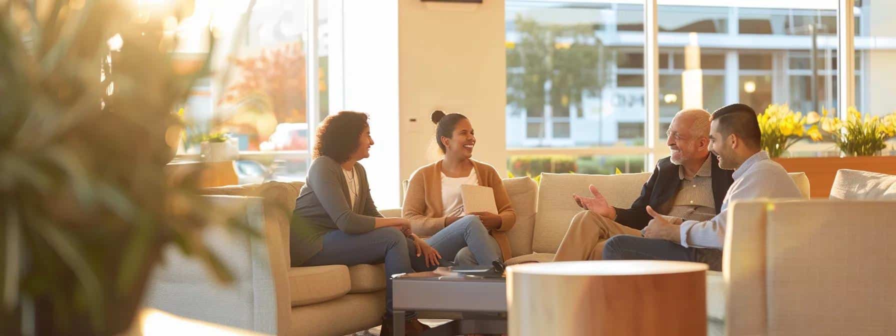 a bright, modern dental office showcases smiling patients engaging in friendly conversation with attentive staff, emphasizing the transformative experience of dental implants and dentures as they confidently share their positive testimonials.
