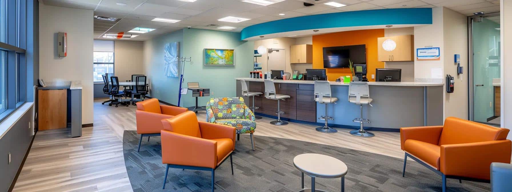 a bright, modern dental office showcases a vibrant consultation area with a welcoming dentist explaining affordable options for removable dentures to a smiling patient seated comfortably in an ergonomic chair, emphasizing confidence and accessibility in dental care.