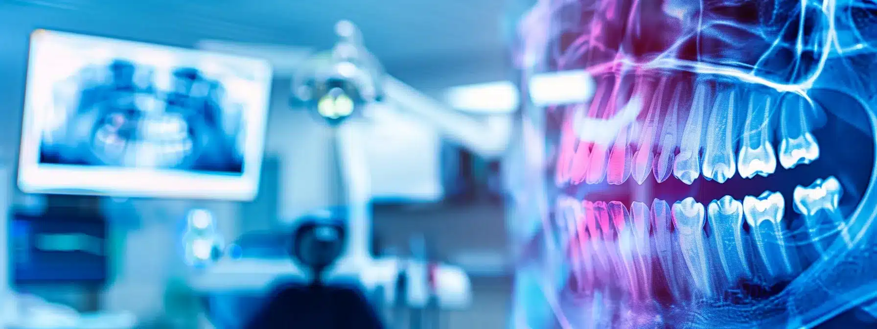 a bright, modern dental office showcases a confident patient smiling broadly, displaying a perfect set of dental implants while a dentist reviews x-rays on a high-tech monitor in the background, emphasizing the success of advanced dental treatments.