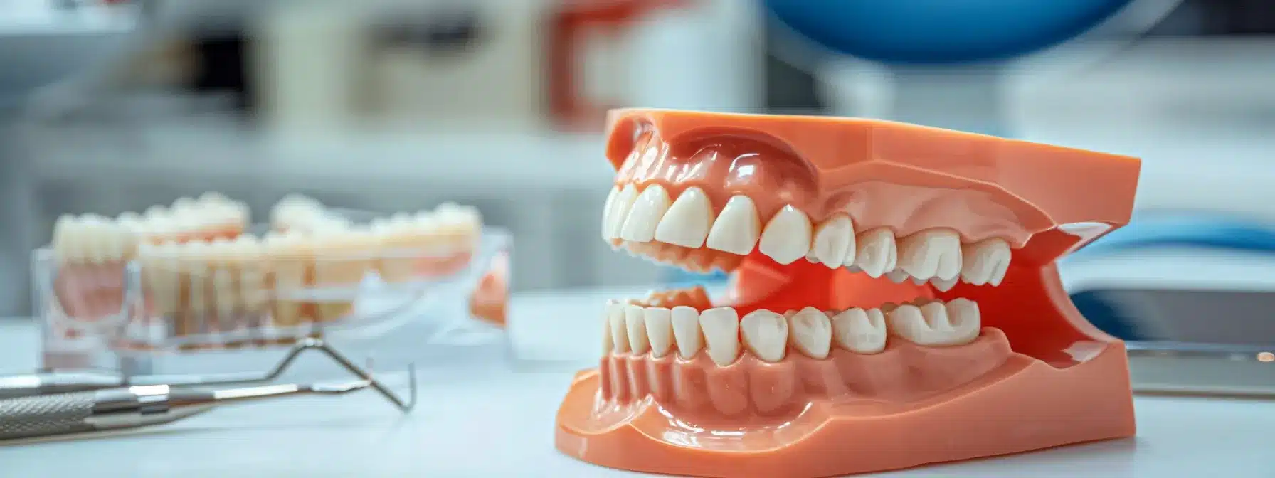 a brightly lit dental clinic interior showcases a focused dentist examining a patient's mouth, highlighting the intricacies of dental implants and the importance of gum health, with informative materials about gum recession prominently displayed in the background.