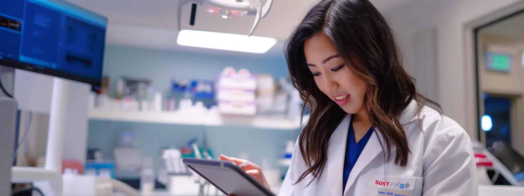 a brightly lit dental consultation room in denton showcases a skilled specialist examining detailed digital impressions on a sleek tablet while surrounded by modern dental equipment, emphasizing the precision and personalized care in denture fitting and aftercare.