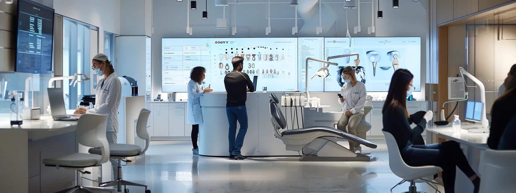 a bustling dental clinic in a metropolitan city, featuring a modern reception area with visible pricing charts displaying varying denture costs across regions, sleek dental chairs, and a backdrop of dental technicians discussing materials and pricing in the lab.