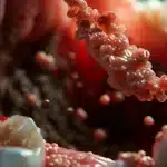 a close-up, clinical view of a dental implant resting in an open mouth, showcasing potential food particles nestled between the implant and the gums under bright, sterile lighting, emphasizing oral hygiene concerns.