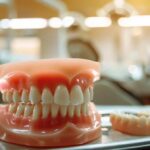 a close-up of a polished dental office, featuring a gleaming dental chair under focused overhead lighting, showcasing a pristine set of dentures carefully displayed on a tray, emphasizing their perfect fit and craftsmanship.