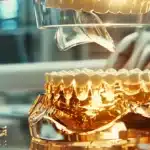 a close-up view of a dental implant in a clinical office setting, showcasing a dark discoloration on the back, surrounded by gleaming dental tools and a sterile environment.