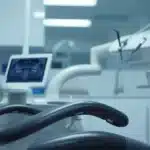 a close-up of a concerned patient in a modern dental clinic, seated in a sleek dental chair, under bright clinical lighting, as a dentist discusses the implications of gum infection on dental implants using a digital tablet.