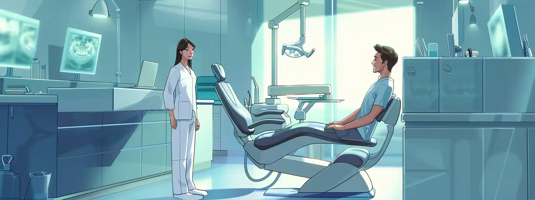a confident dentist, clad in crisp white scrubs, stands beside a modern dental chair in a sleek, high-tech clinic, engaging with an attentive patient as they discuss the benefits and details of dental implants, illuminated by bright, clinical lighting that emphasizes the sterile environment.
