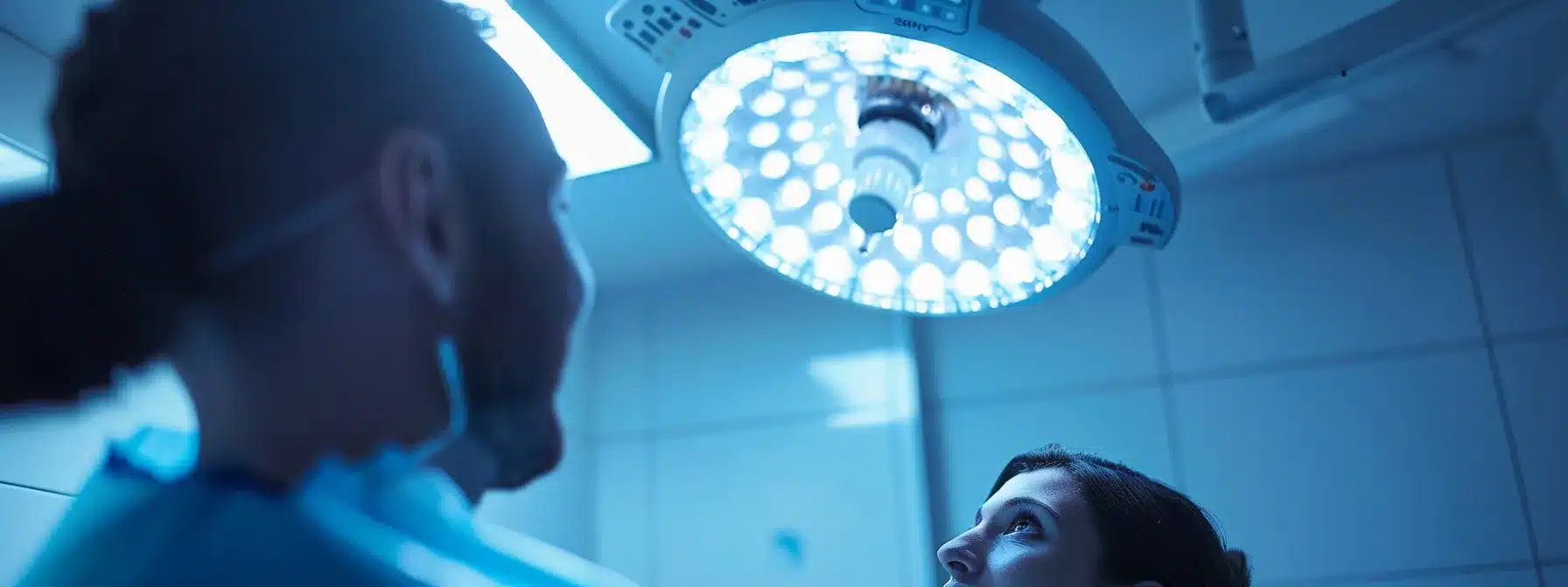 a detailed close-up of a dental consultation in a modern clinic, showcasing a dentist reviewing a digital chart of gum infections and dental implant options with an attentive patient, illuminated by bright overhead lighting.