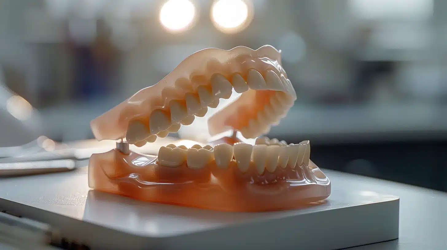 a detailed dental surgery scene showcasing a skilled practitioner using advanced technology, including an elos scanbody, to fit implant retained dentures with precision in a modern, well-equipped dental clinic.
