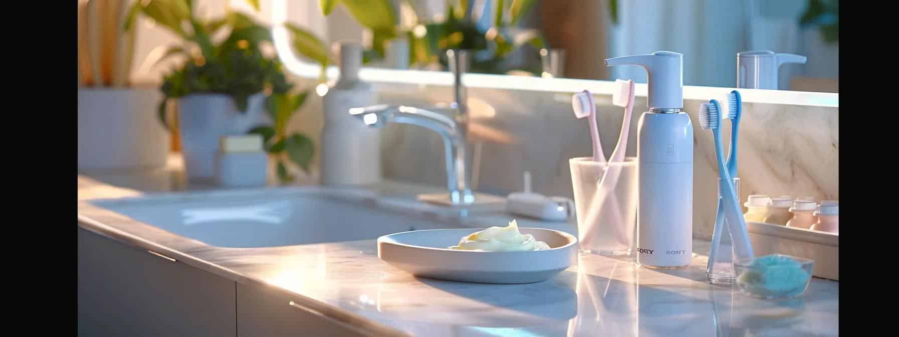 a focused close-up of a well-organized bathroom countertop with a sleek denture cleaning kit, a toothbrush, and soft food items like yogurt and mashed vegetables, all bathed in bright, clinical lighting to emphasize the daily adjustments of a new denture wearer.