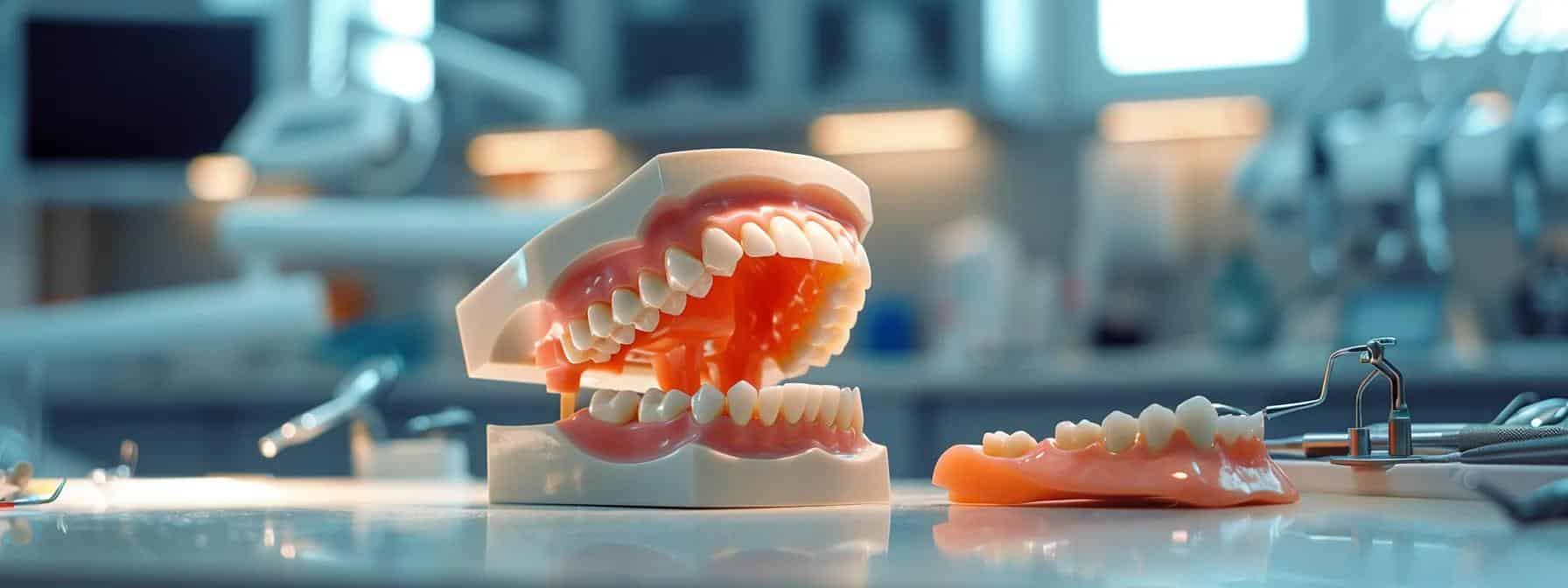 a focused dental clinic interior showcases a dental professional examining a well-fitted denture on a patient, emphasizing the importance of proper dental care and the health implications of complete dentures, with clinical tools and advanced dental equipment in the background.