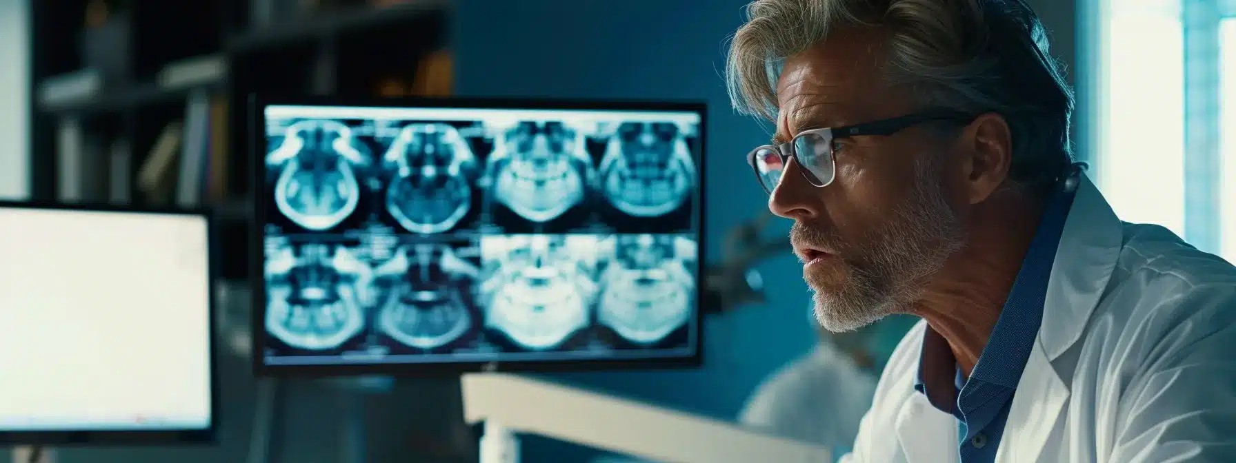 a focused dental consultation scene in a modern office, featuring a professional dentist analyzing digital x-rays with a patient, emphasizing the importance of personalized risk assessment and informed decision-making regarding dental implants.