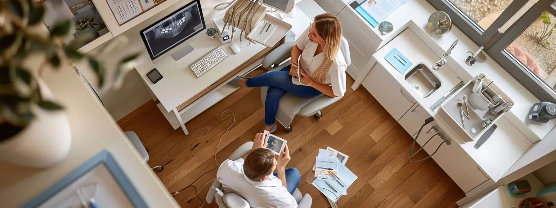 a focused dental office consultation scene in tyler, texas, featuring a confident patient discussing healthcare options with a professional provider, surrounded by neatly organized documents and a digital tablet displaying payment plans.