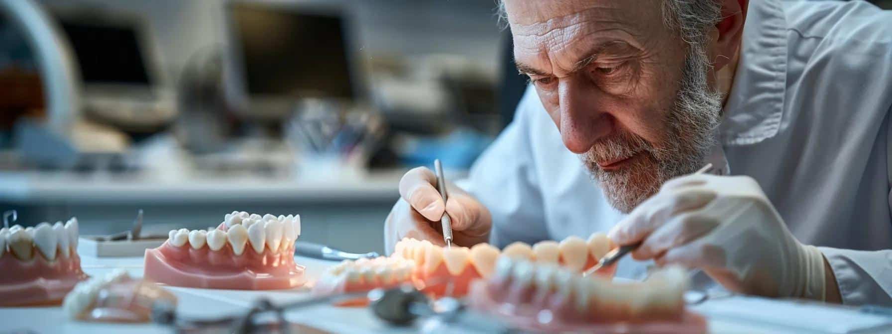 a focused dental technician examines a detailed mold of dentures on an organized workspace, surrounded by instruments and tools that highlight the complexities of achieving optimal denture fit.
