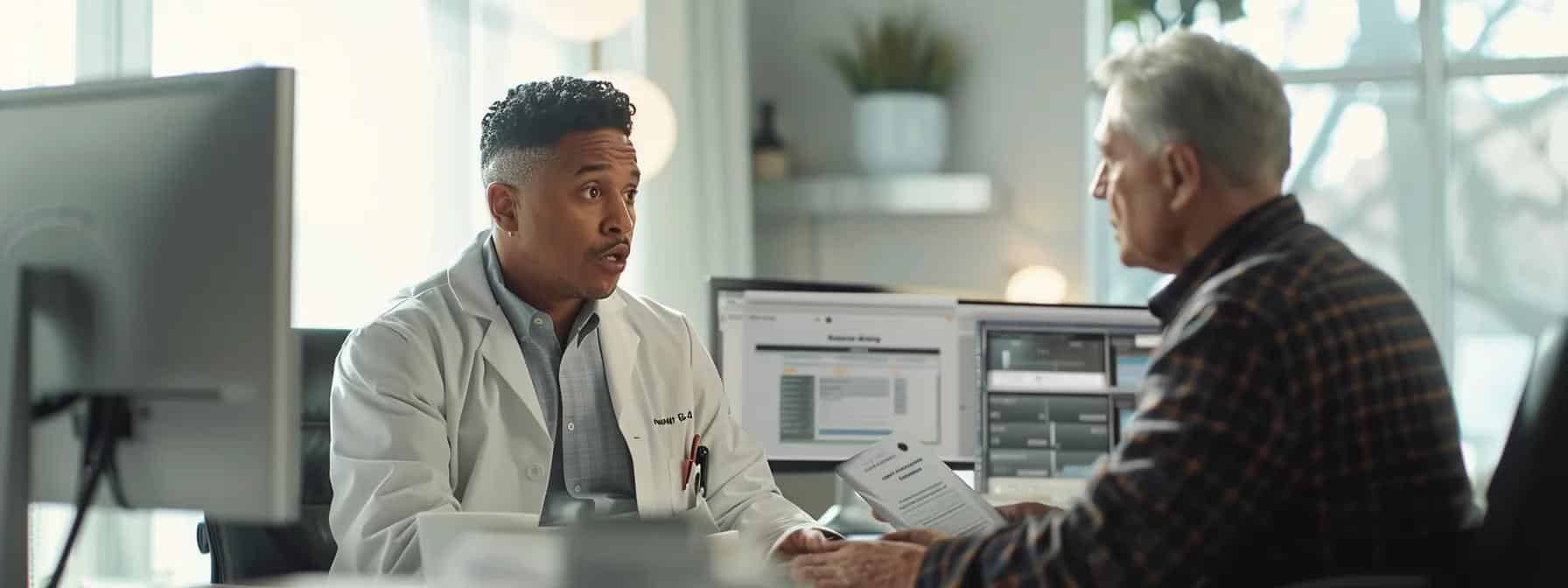 a focused scene in a modern office showcasing a confident financial advisor discussing payment plan options with a patient, with clear charts and documents detailing potential savings illuminated by soft, professional lighting.