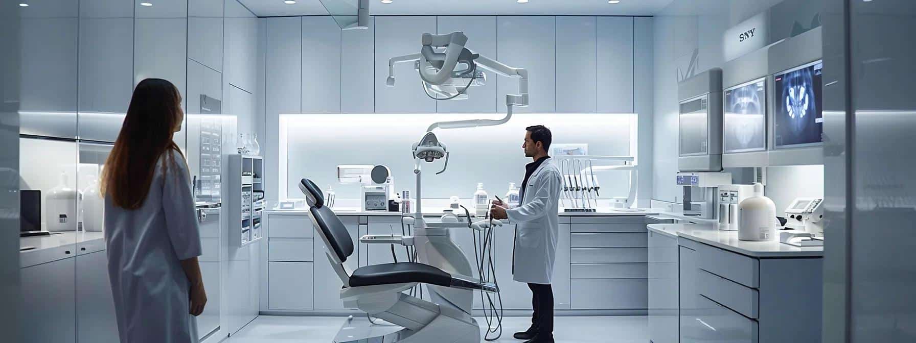 a high-tech dental consultation room in fort worth showcases an experienced clinician discussing detailed cost factors of dentures and implants with a patient, illuminated by sleek overhead lighting and equipped with advanced dental technology.