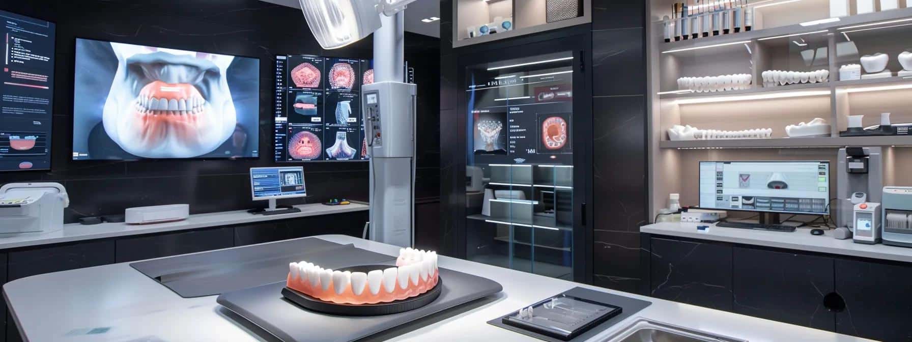 a meticulously arranged dental office showcases a modern denture fitting station, featuring a realistic denture model on a sleek countertop, a high-tech impression tray, and a digital screen displaying oral anatomy diagrams, all illuminated by soft, focused lighting to emphasize the precision and comfort of denture care.