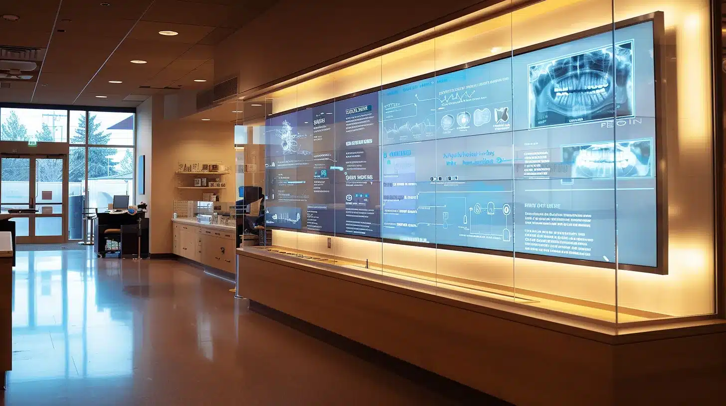 a meticulously organized dental office with a modern surgical setup, featuring a detailed infographic on a wall outlining the surgical process and recovery timeline, illuminated by soft, clinical lighting to convey a sense of professionalism and care.