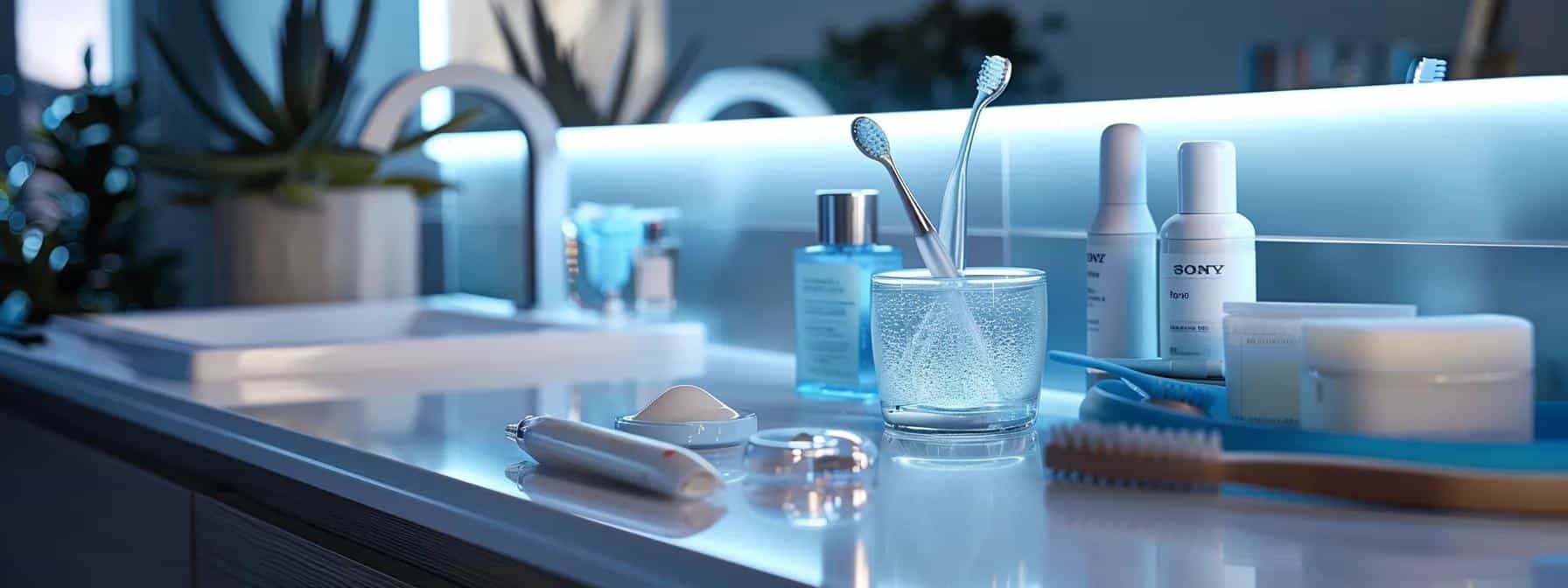 a meticulously organized dental care station features a gleaming denture soaking solution beside a soft-bristle brush and a selection of low-abrasive cleansers, all set against a sleek countertop that highlights the importance of proper denture maintenance.