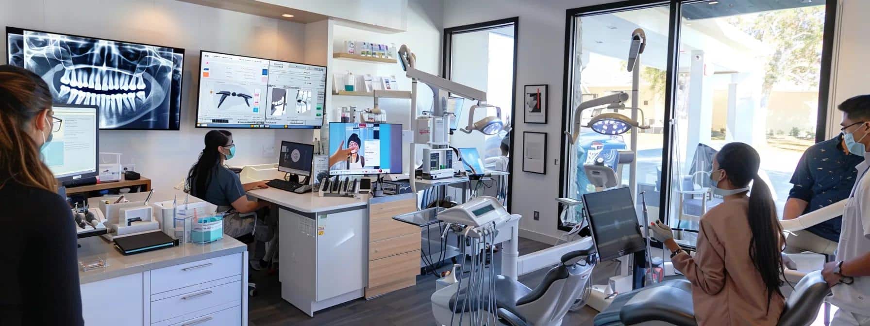a modern dental clinic bustling with activity showcases advanced technology as a digital consultation session takes place, highlighting diverse patients engaging with mobile units and eco-friendly dental products, embodying the innovative trends in implant and denture services in texas.