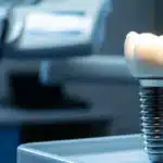 a modern dental clinic, featuring a sleek operatory with advanced equipment and a close-up view of a dental implant alongside natural-looking prosthetic teeth, illuminated by bright, clinical lighting that emphasizes precision and care.