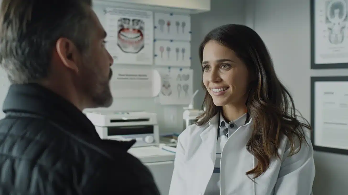 a modern dental clinic features a confident patient discussing their treatment plan with a skilled dentist, surrounded by advanced dental equipment and informative charts on the walls highlighting the dental implant procedure.