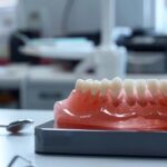 a modern dental clinic, featuring a sleek, well-lit workstation with advanced tools and equipment, focused on the meticulous repair of a partial denture displayed prominently on a clean, organized surface.