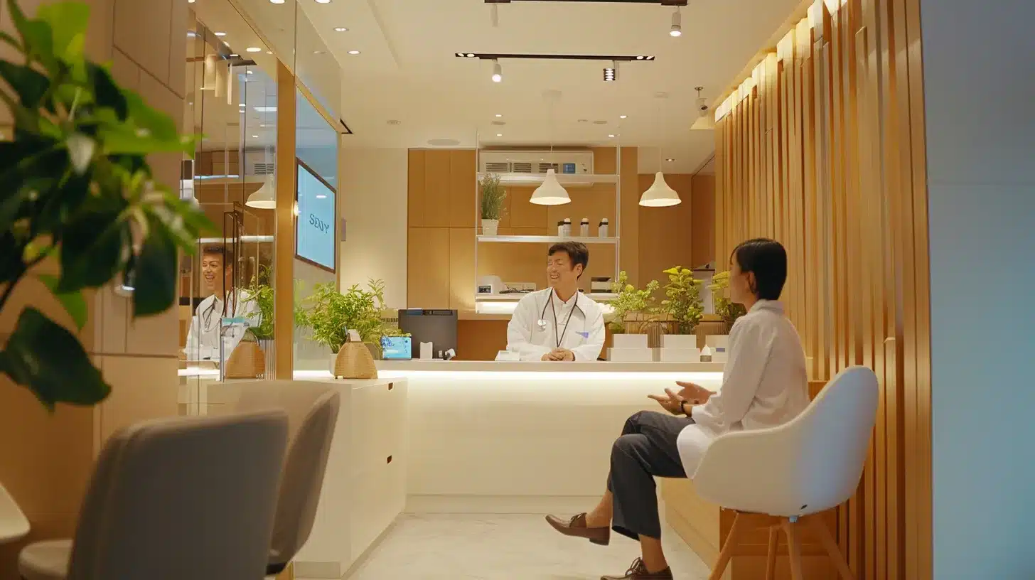 a modern dental clinic featuring a confident patient discussing dental implants with a professional dentist, showcasing high-tech equipment and a bright, reassuring environment that emphasizes innovation in oral health solutions.