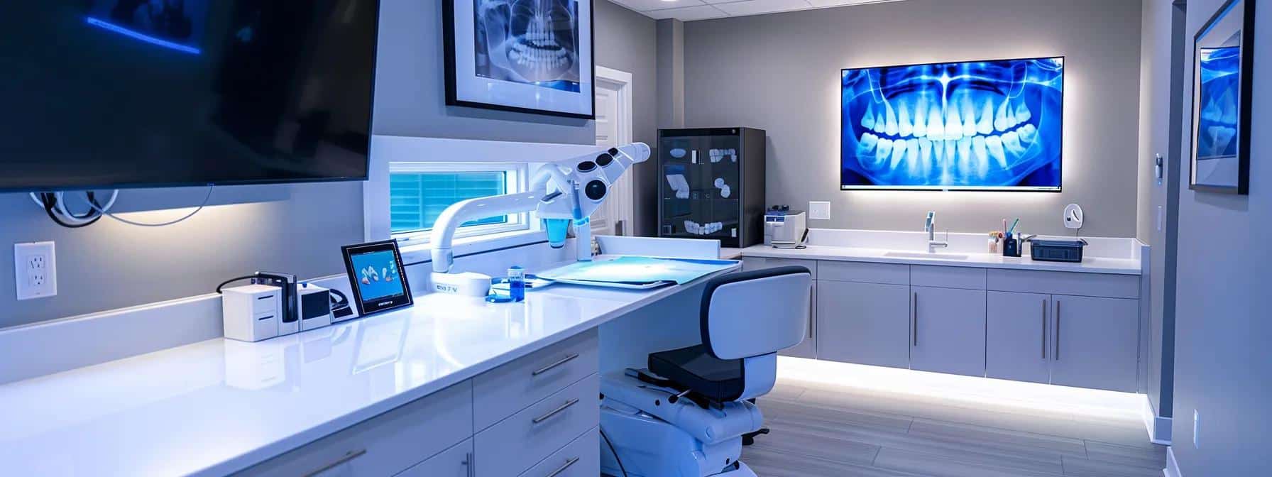 a modern dental clinic in denton, tx, featuring a digital scanning workstation and a technician carefully adjusting a custom denture on a sleek counter, illuminated by bright, precise lighting that highlights the intricate details of the prosthetic.