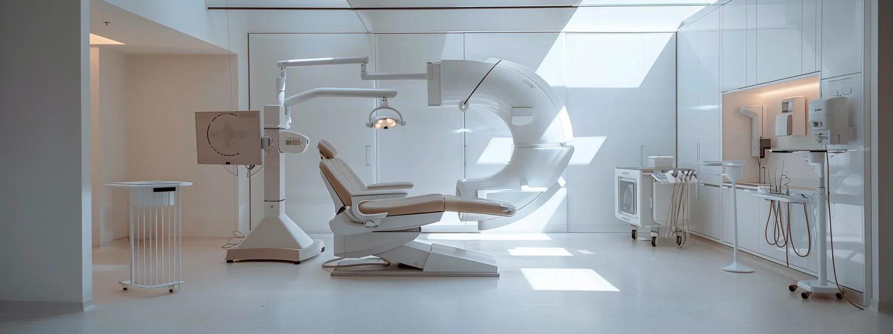 a modern dental clinic in denton, texas, features a bright, clean treatment room with advanced dental equipment and a welcoming consultation area where a friendly dentist engages with a patient, exemplifying accessible denture and dental implant services.