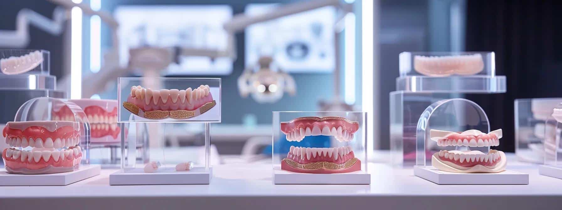 a modern dental clinic in denton, featuring a sleek consultation room with high-tech digital scanning equipment, showcasing the various types of dentures displayed in a professional setting, all illuminated by bright, focused lighting.